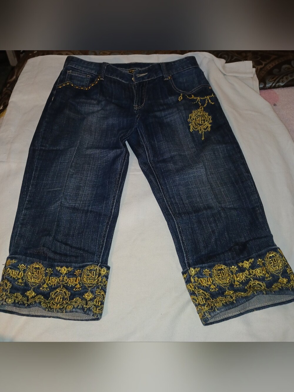 Pre-loved Dark Wash Cropped Embroidered Denim Capris with Yellow Accents